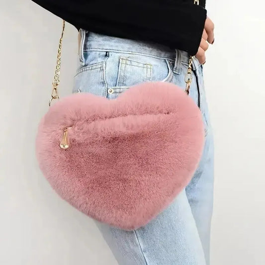 Heart-Shaped Fluffy Shoulder Bag